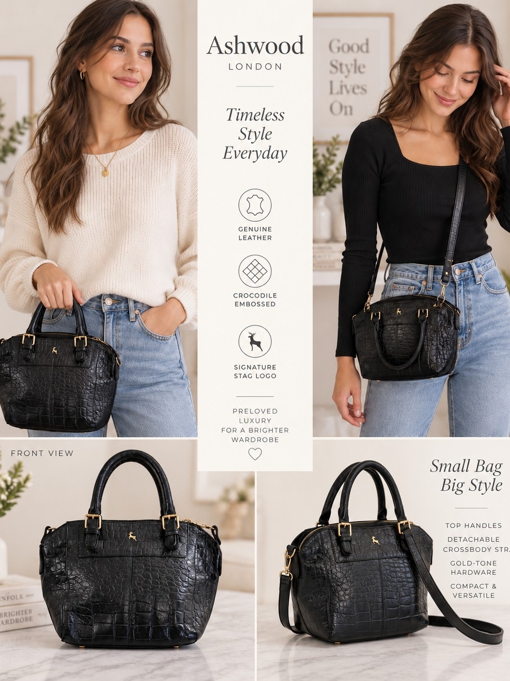 Ashwood Vintage Black Leather Satchel